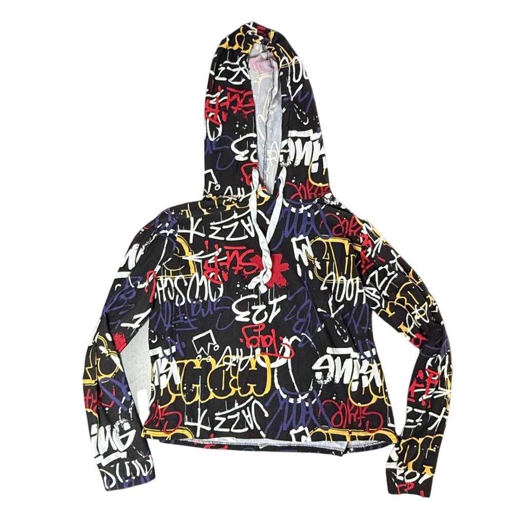 Love University Graffiti Print Hoodie Long Sleeve Casual Pullover Top Size L